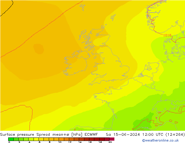 Pressione al suolo Spread ECMWF sab 15.06.2024 12 UTC