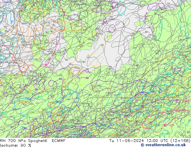 RH 700 hPa Spaghetti ECMWF Tu 11.06.2024 12 UTC