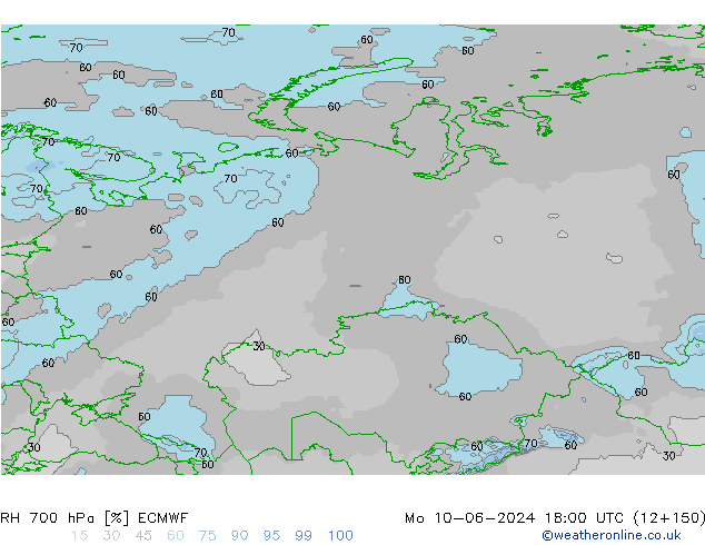 RH 700 hPa ECMWF Mo 10.06.2024 18 UTC