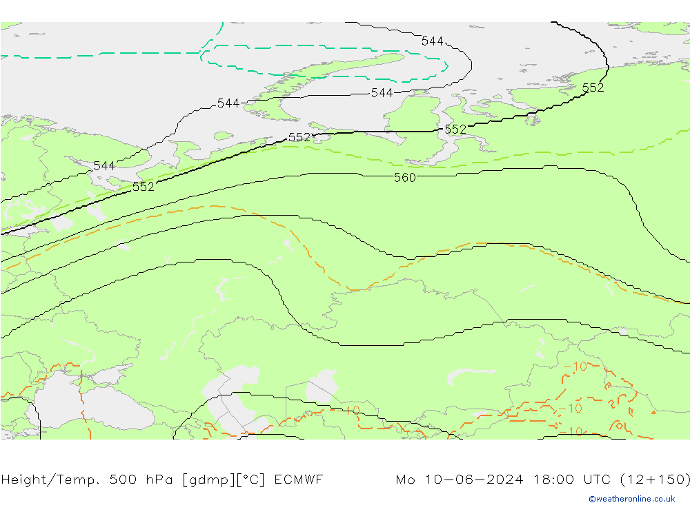 Height/Temp. 500 hPa ECMWF pon. 10.06.2024 18 UTC