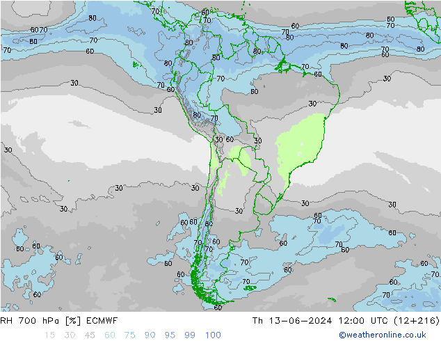 Humidité rel. 700 hPa ECMWF jeu 13.06.2024 12 UTC