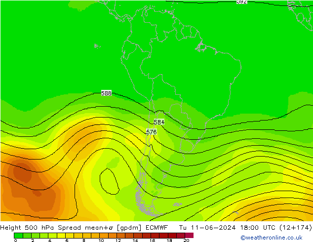 Height 500 hPa Spread ECMWF wto. 11.06.2024 18 UTC