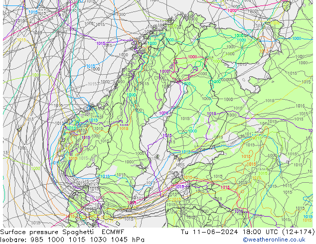 Surface pressure Spaghetti ECMWF Tu 11.06.2024 18 UTC