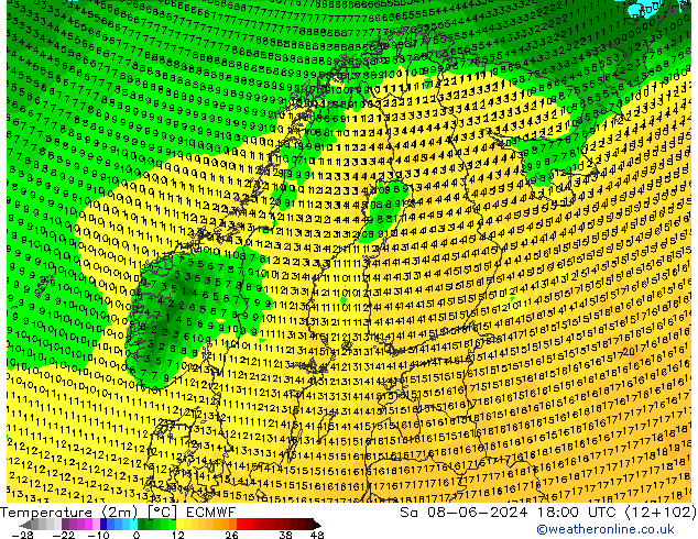 Temperature (2m) ECMWF Sa 08.06.2024 18 UTC