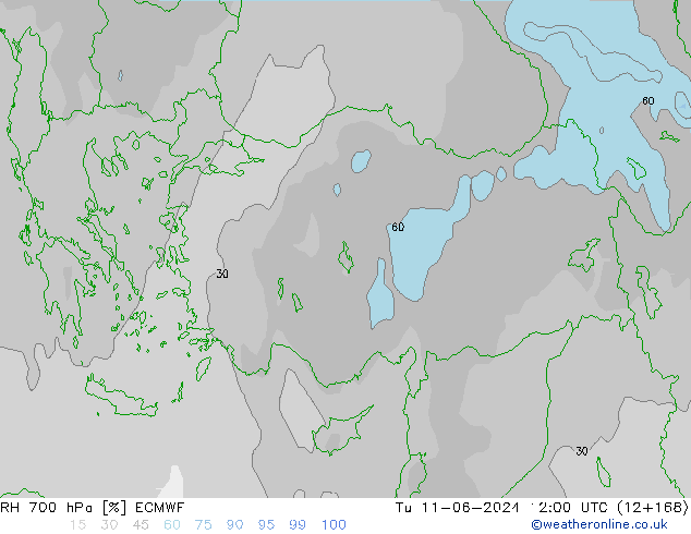 RH 700 hPa ECMWF Tu 11.06.2024 12 UTC