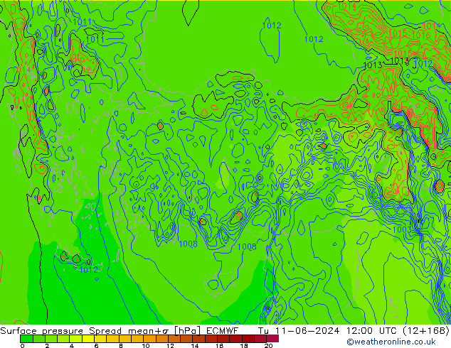 Surface pressure Spread ECMWF Tu 11.06.2024 12 UTC