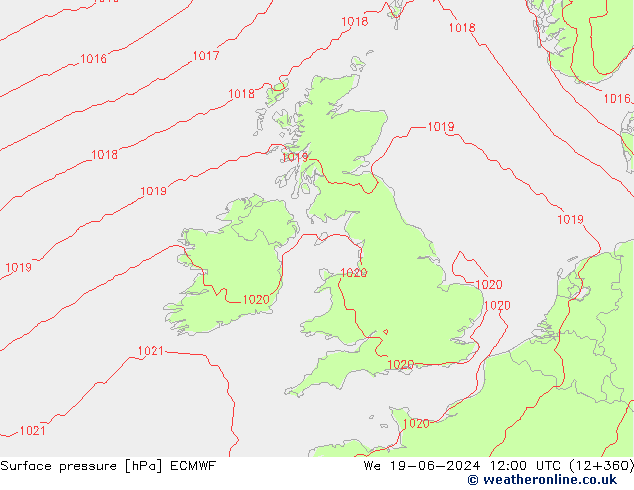 Surface pressure ECMWF We 19.06.2024 12 UTC