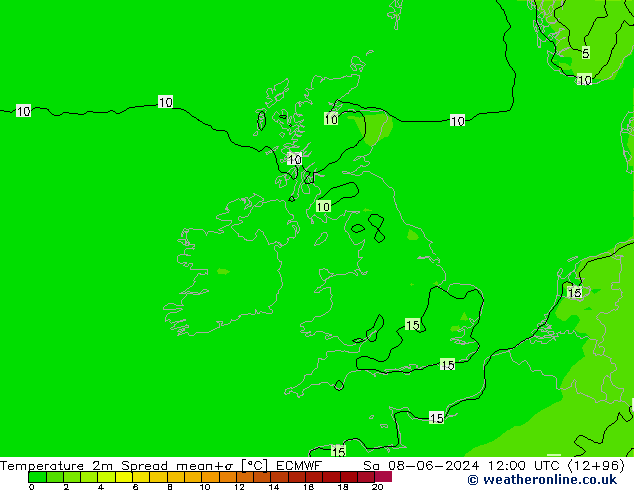 карта температуры Spread ECMWF сб 08.06.2024 12 UTC