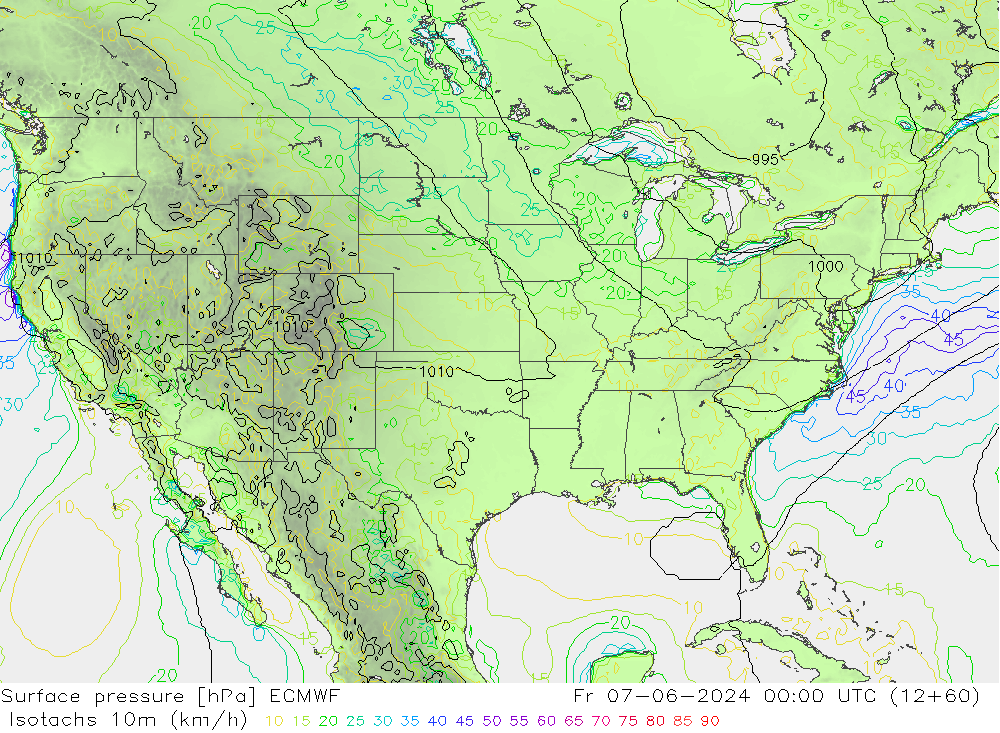 Isotaca (kph) ECMWF vie 07.06.2024 00 UTC