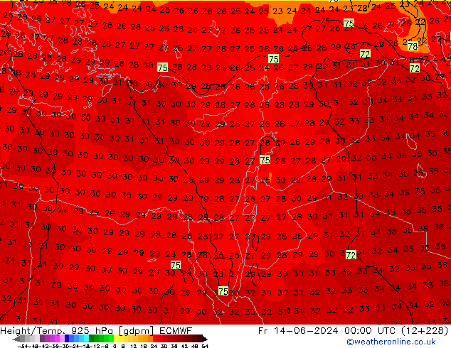 Height/Temp. 925 hPa ECMWF pt. 14.06.2024 00 UTC