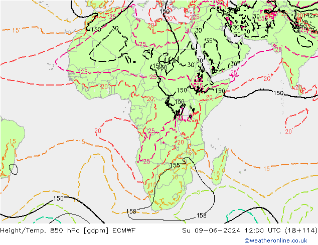 Height/Temp. 850 hPa ECMWF dom 09.06.2024 12 UTC