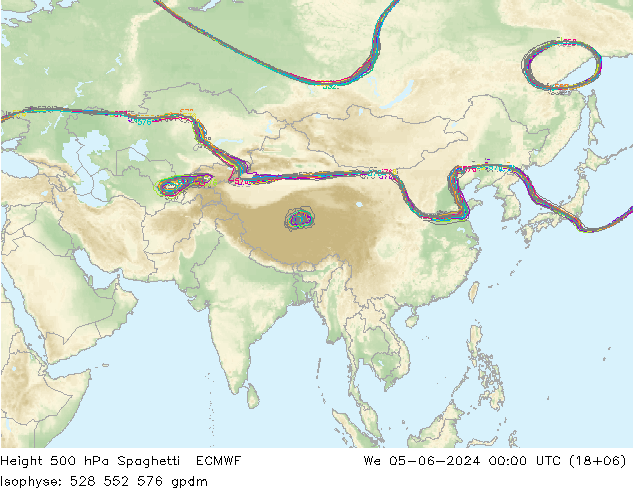 Height 500 гПа Spaghetti ECMWF ср 05.06.2024 00 UTC