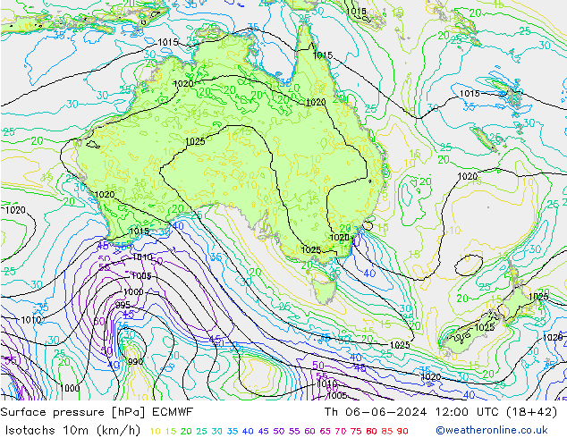 Isotachen (km/h) ECMWF do 06.06.2024 12 UTC