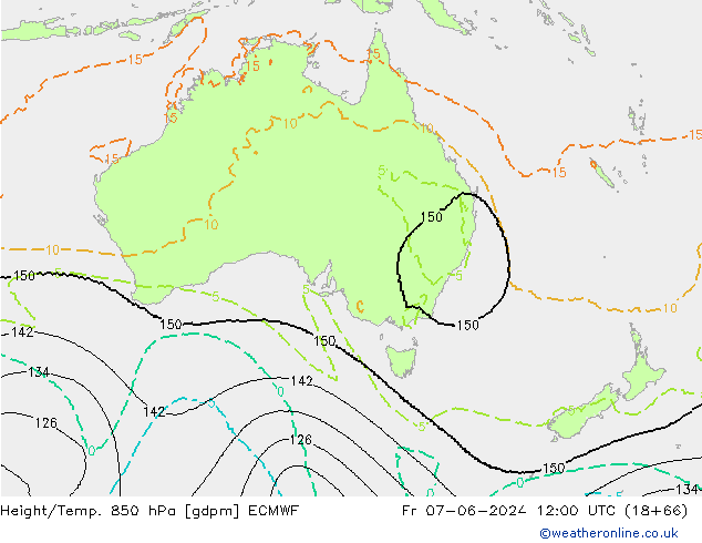 Hoogte/Temp. 850 hPa ECMWF vr 07.06.2024 12 UTC