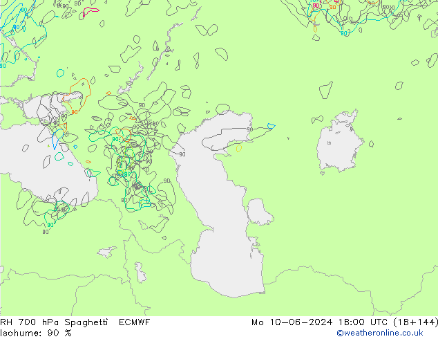 RH 700 гПа Spaghetti ECMWF пн 10.06.2024 18 UTC