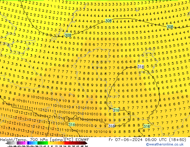 Géop./Temp. 700 hPa ECMWF ven 07.06.2024 06 UTC