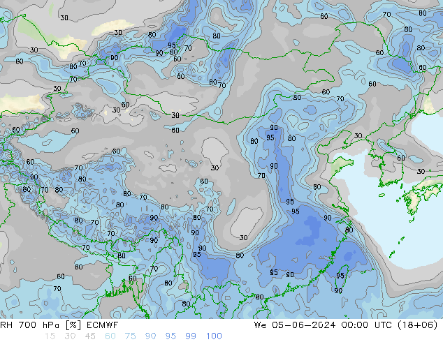 RH 700 hPa ECMWF 星期三 05.06.2024 00 UTC