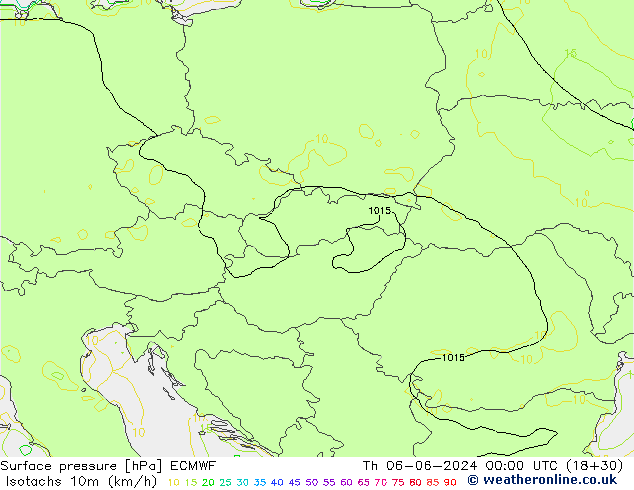 Isotachs (kph) ECMWF Th 06.06.2024 00 UTC