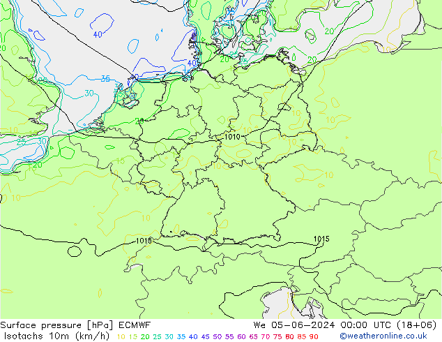 Isotachs (kph) ECMWF mer 05.06.2024 00 UTC