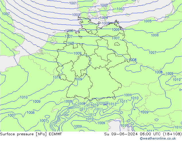 Luchtdruk (Grond) ECMWF zo 09.06.2024 06 UTC