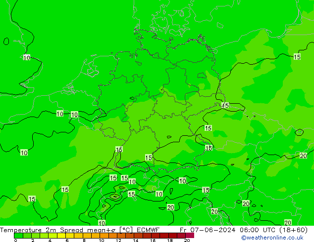 Temperature 2m Spread ECMWF Fr 07.06.2024 06 UTC