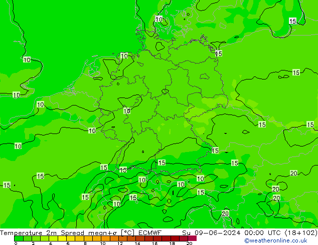 Sıcaklık Haritası 2m Spread ECMWF Paz 09.06.2024 00 UTC