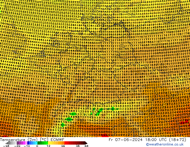 Temperatuurkaart (2m) ECMWF vr 07.06.2024 18 UTC