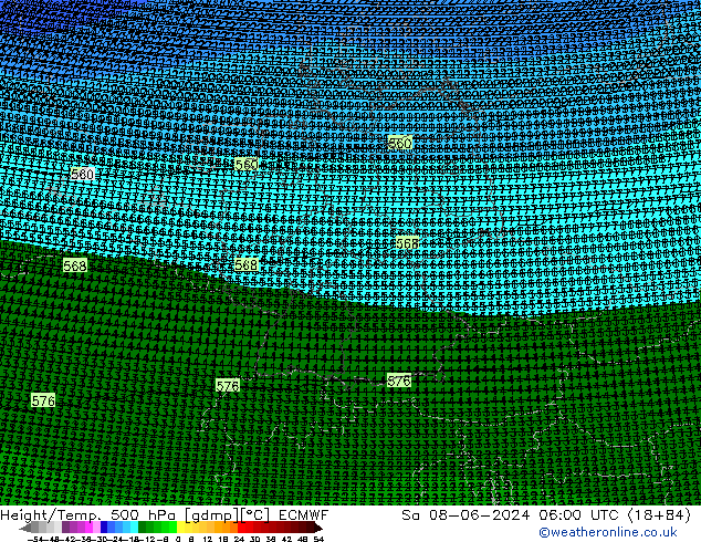 Height/Temp. 500 hPa ECMWF So 08.06.2024 06 UTC