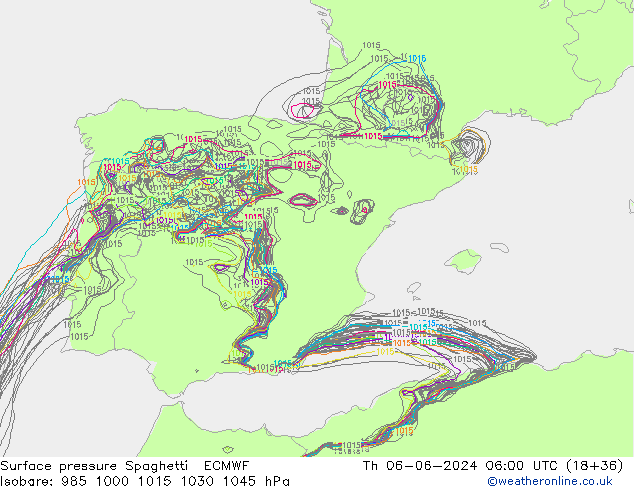 Pressione al suolo Spaghetti ECMWF gio 06.06.2024 06 UTC