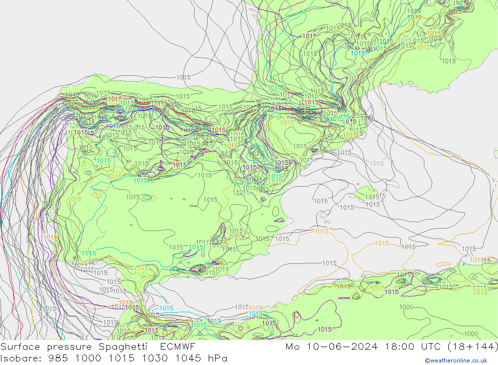 Atmosférický tlak Spaghetti ECMWF Po 10.06.2024 18 UTC