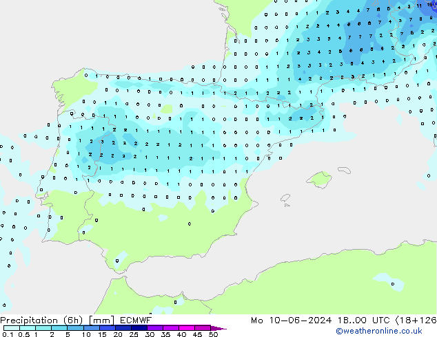 Precipitation (6h) ECMWF Po 10.06.2024 00 UTC