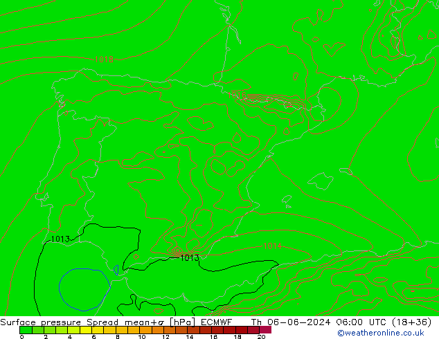 Surface pressure Spread ECMWF Th 06.06.2024 06 UTC