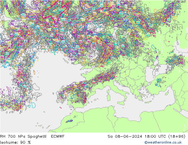 Humidité rel. 700 hPa Spaghetti ECMWF sam 08.06.2024 18 UTC