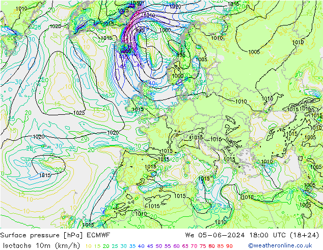 Isotachs (kph) ECMWF ср 05.06.2024 18 UTC