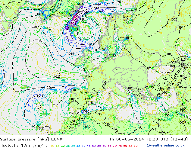 Isotachen (km/h) ECMWF Do 06.06.2024 18 UTC