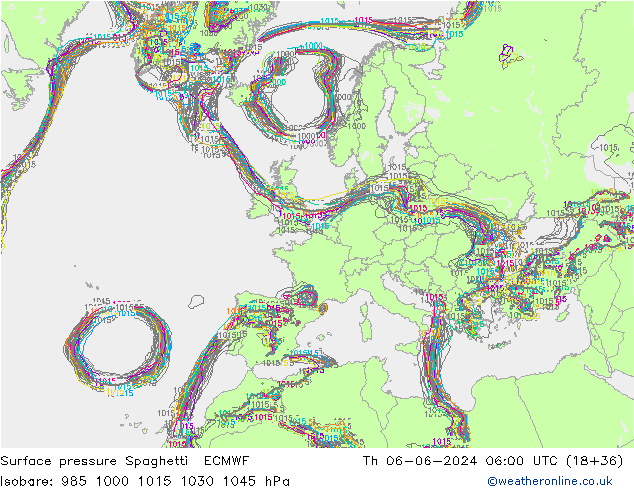 Surface pressure Spaghetti ECMWF Th 06.06.2024 06 UTC