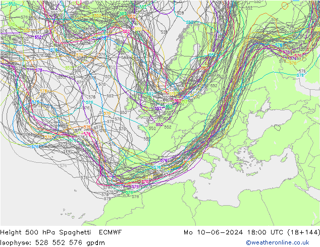 Height 500 hPa Spaghetti ECMWF  10.06.2024 18 UTC