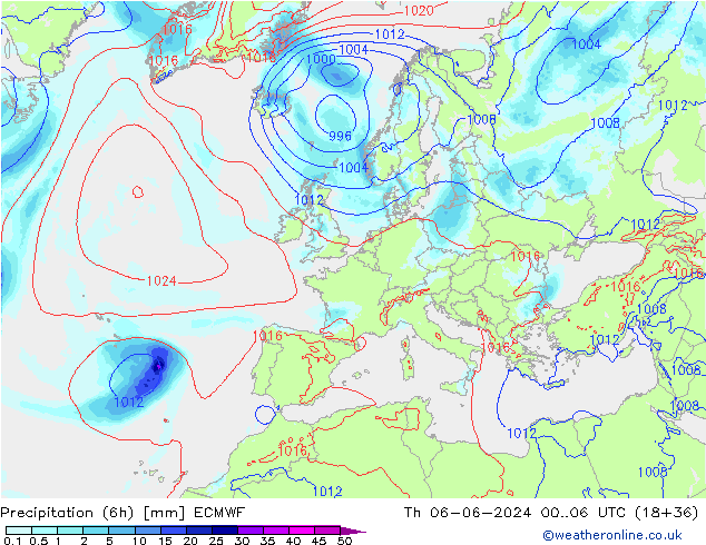 Precipitation (6h) ECMWF Čt 06.06.2024 06 UTC