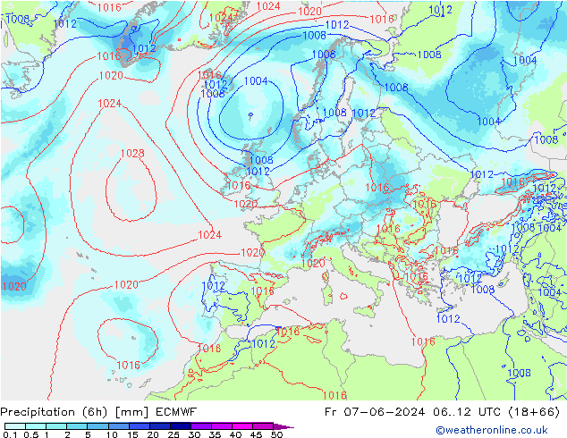 Precipitation (6h) ECMWF Fr 07.06.2024 12 UTC