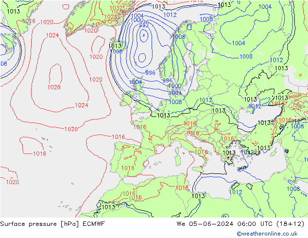 Luchtdruk (Grond) ECMWF wo 05.06.2024 06 UTC