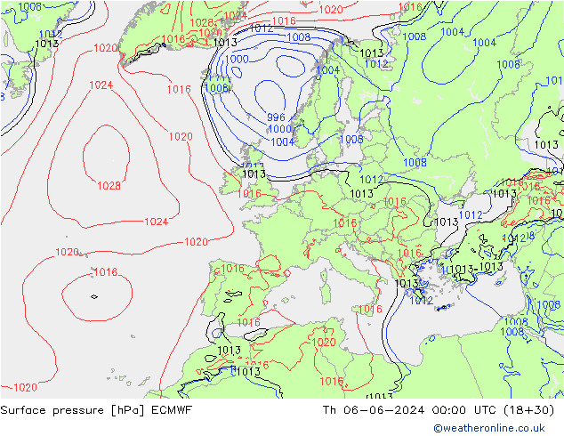 Pressione al suolo ECMWF gio 06.06.2024 00 UTC