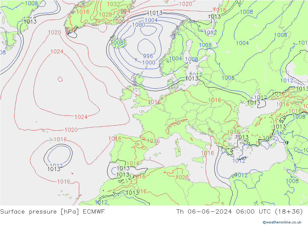 Pressione al suolo ECMWF gio 06.06.2024 06 UTC