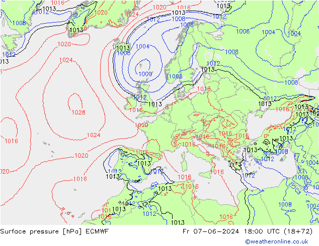 Presión superficial ECMWF vie 07.06.2024 18 UTC