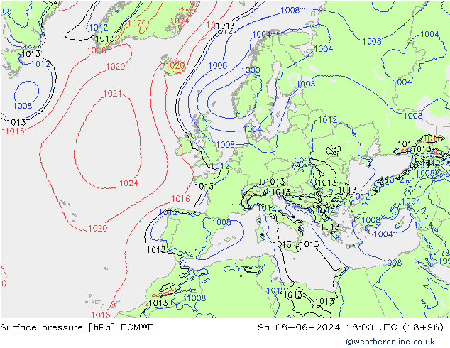 Surface pressure ECMWF Sa 08.06.2024 18 UTC