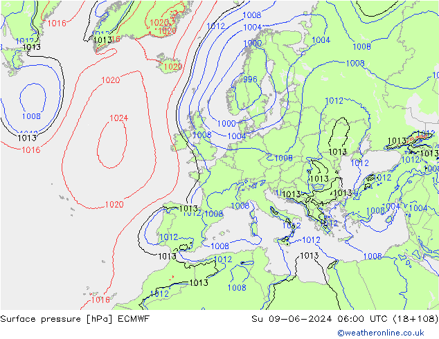 Atmosférický tlak ECMWF Ne 09.06.2024 06 UTC