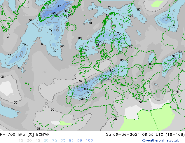 RH 700 hPa ECMWF nie. 09.06.2024 06 UTC