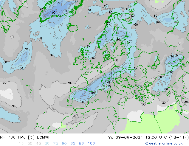 RH 700 hPa ECMWF dom 09.06.2024 12 UTC