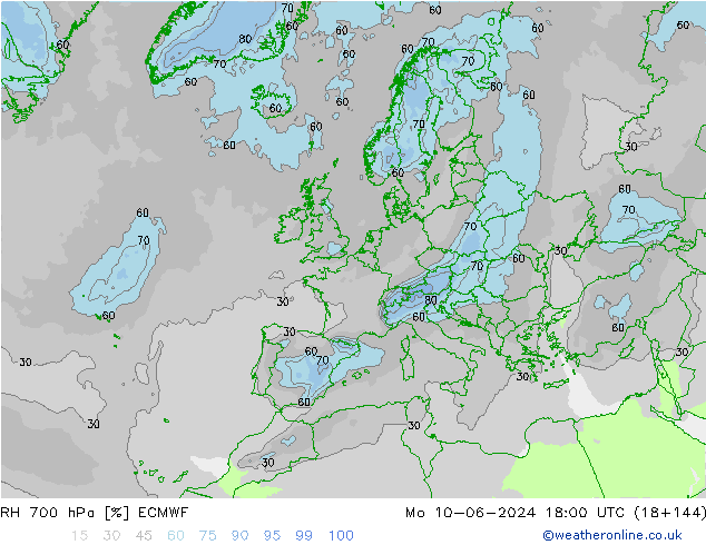 RH 700 гПа ECMWF пн 10.06.2024 18 UTC