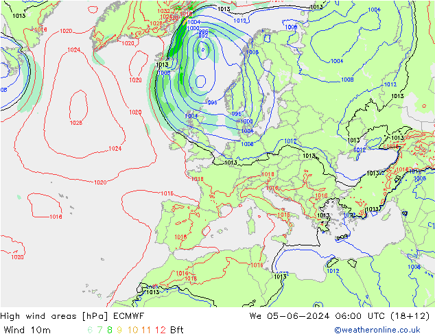 High wind areas ECMWF Qua 05.06.2024 06 UTC