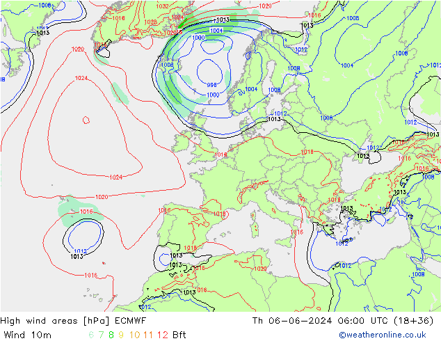 High wind areas ECMWF jue 06.06.2024 06 UTC